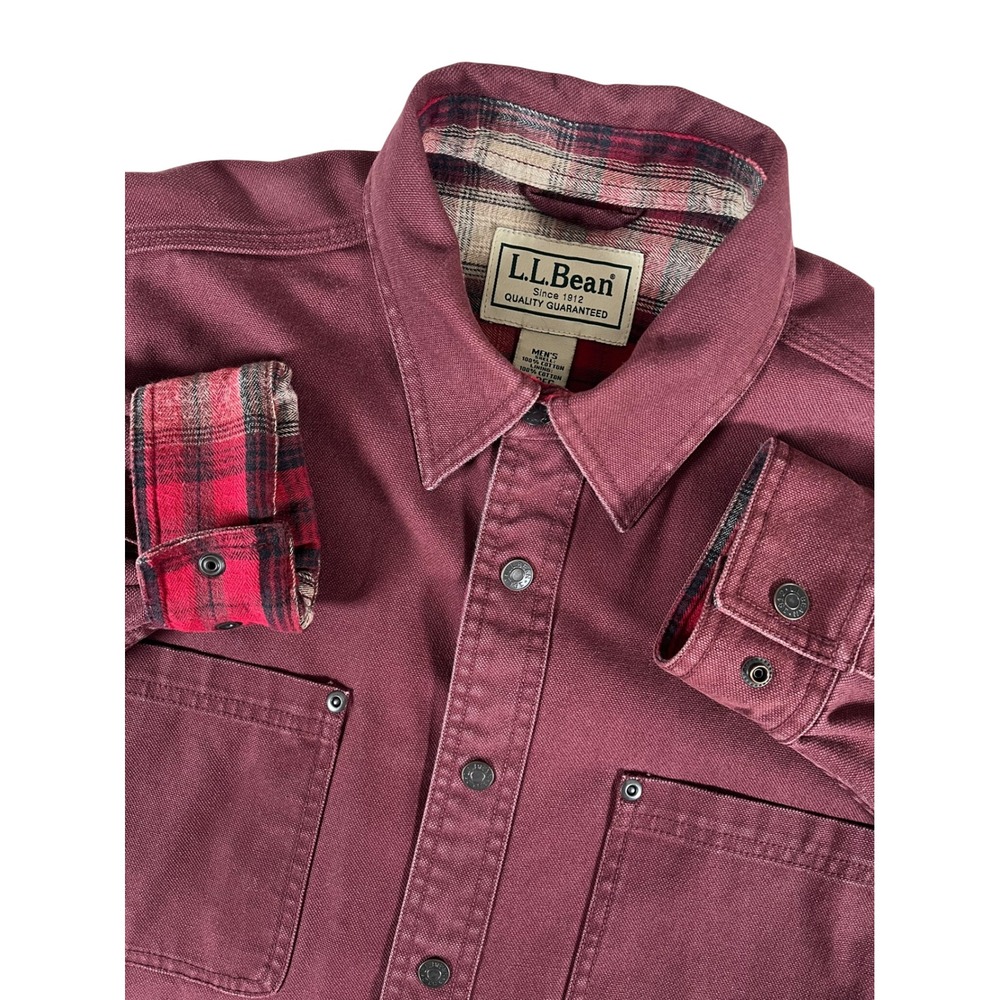 LL Bean Mens Flannel Lined Canvas Field Jacket Burgundy Red Plaid Med Regular